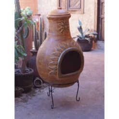 Cheminée Mexicaine Extérieure Jumbo 113 Cm Soleil Jaune -Le Brasero Magique Boutique cheminee mexicaine jumbo soleil jaune 113cm sur base 1