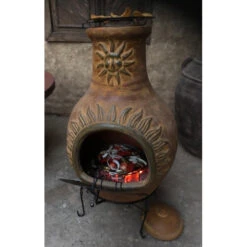 Cheminée Mexicaine Extérieure Jumbo 113 Cm Soleil Jaune -Le Brasero Magique Boutique cheminee mexicaine jumbo soleil jaune 113cm sur base 2