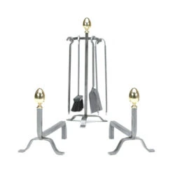 Ensemble Serviteur Et Chenets Tête Grosse Ogive Laiton Fer Forgé