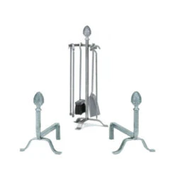 Ensemble Serviteur Et Chenets Tête Pomme De Pin Fer Forgé