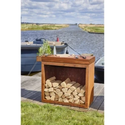 Rangement Bois OFYR Corten Et Plan De Travail Teck 45 X 90 X 88 Cm -Le Brasero Magique Boutique rangement a bois acier ofyr grand modele 2